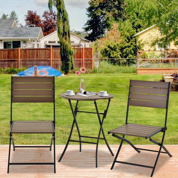 Steel Frame Slatted Outdoor Garden Bistro Set - Black/Brown