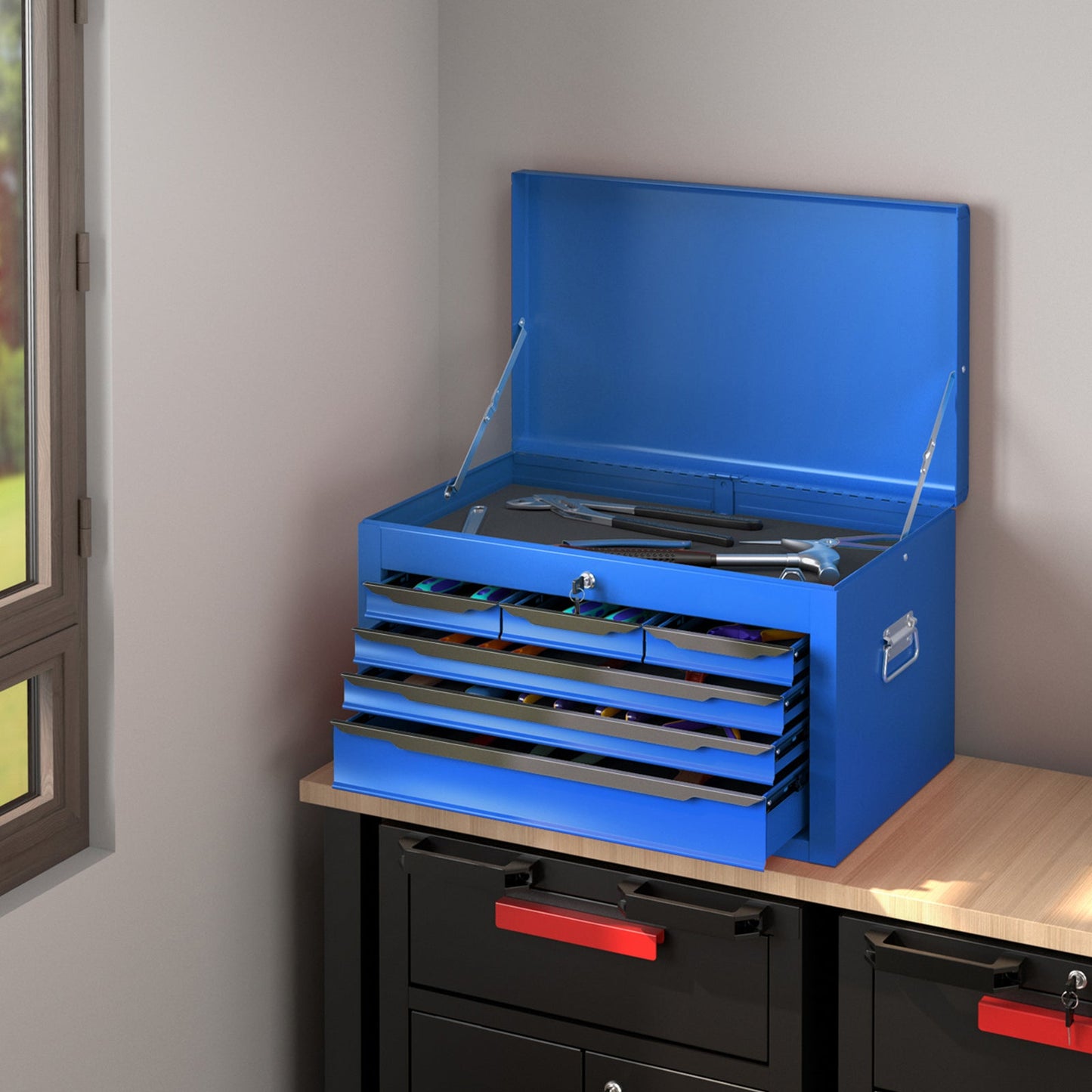 Steel Tool Box Chest Case with 6 Drawers Top Storage Automatic Lock-Blue