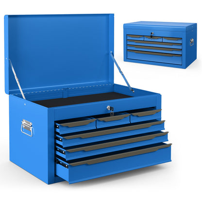 Steel Tool Box Chest Case with 6 Drawers Top Storage Automatic Lock-Blue