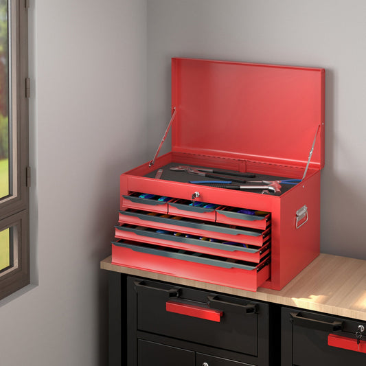 Steel Tool Box Chest Case with 6 Drawers Top Storage Automatic Lock-Red