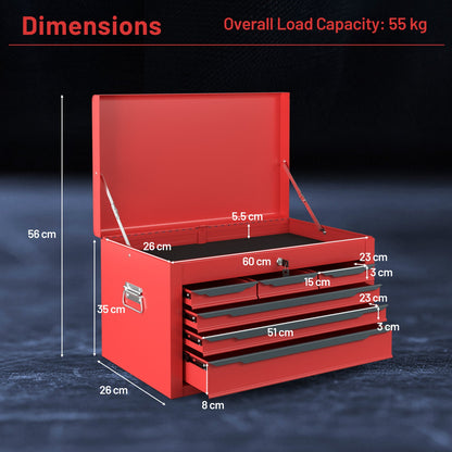 Steel Tool Box Chest Case with 6 Drawers Top Storage Automatic Lock-Red