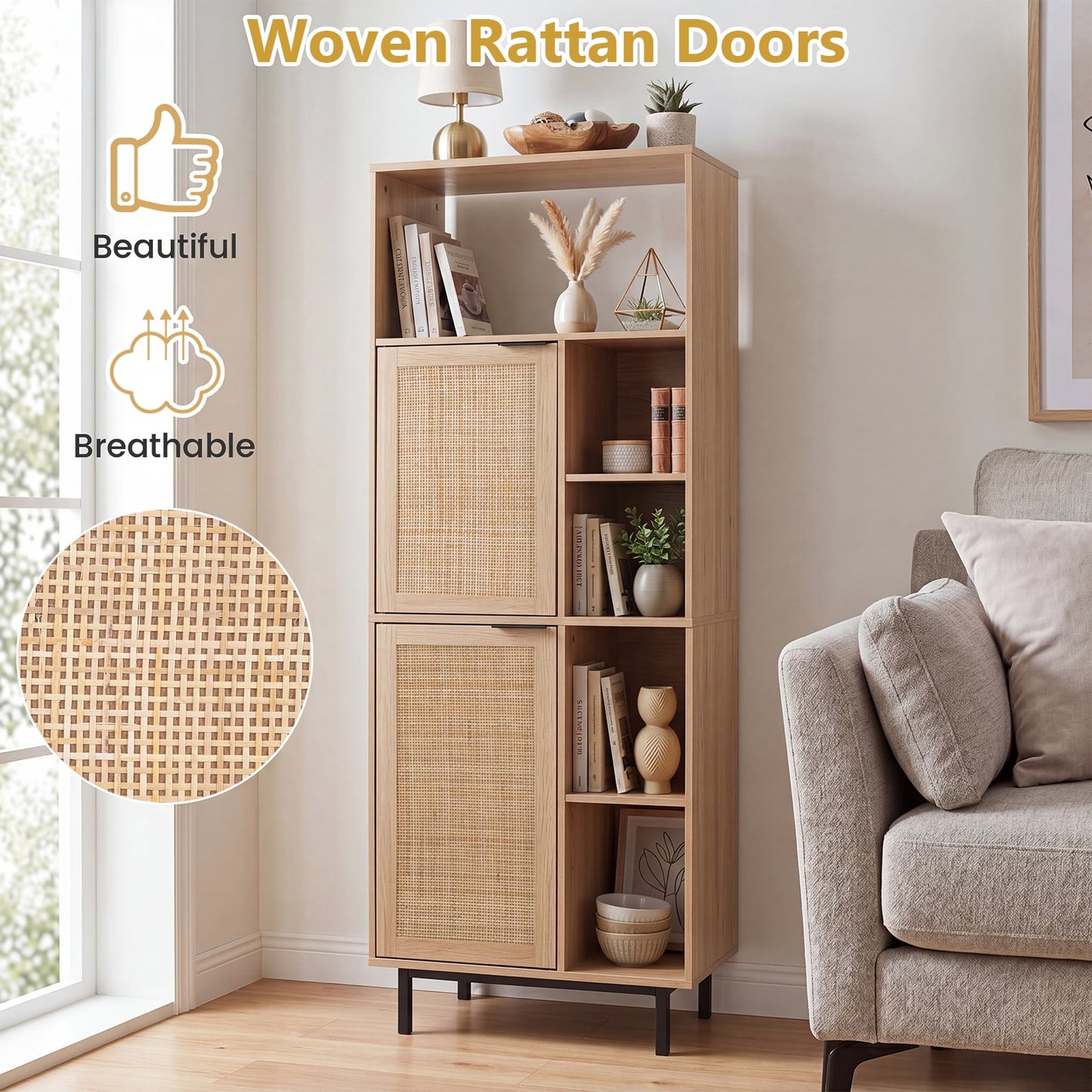 Storage Cabinet with 2 Rattan Doors and 5 Compartments-Natural