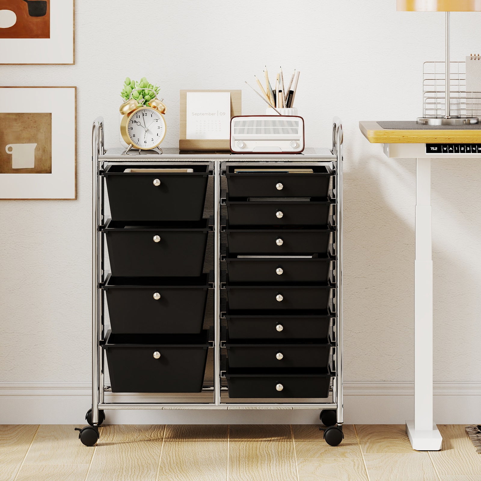 Storage Cart with 2-Size Drawer Rolling Cart Large Countertop Side Handles-Black