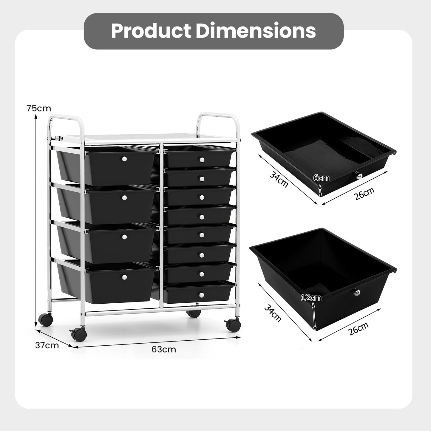 Storage Cart with 2-Size Drawer Rolling Cart Large Countertop Side Handles-Black