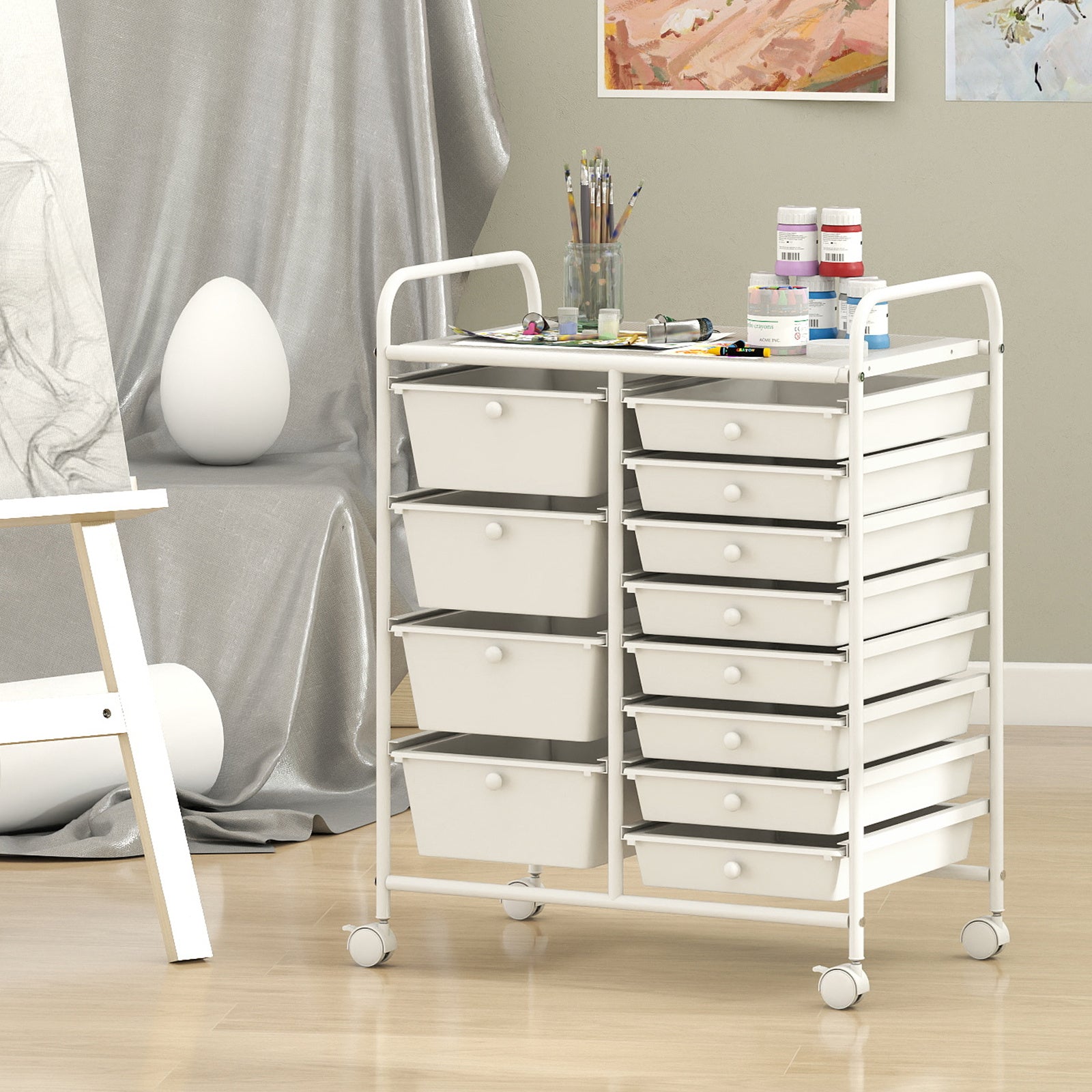Storage Cart with 2-Size Drawer Rolling Cart Large Countertop Side Handles-White
