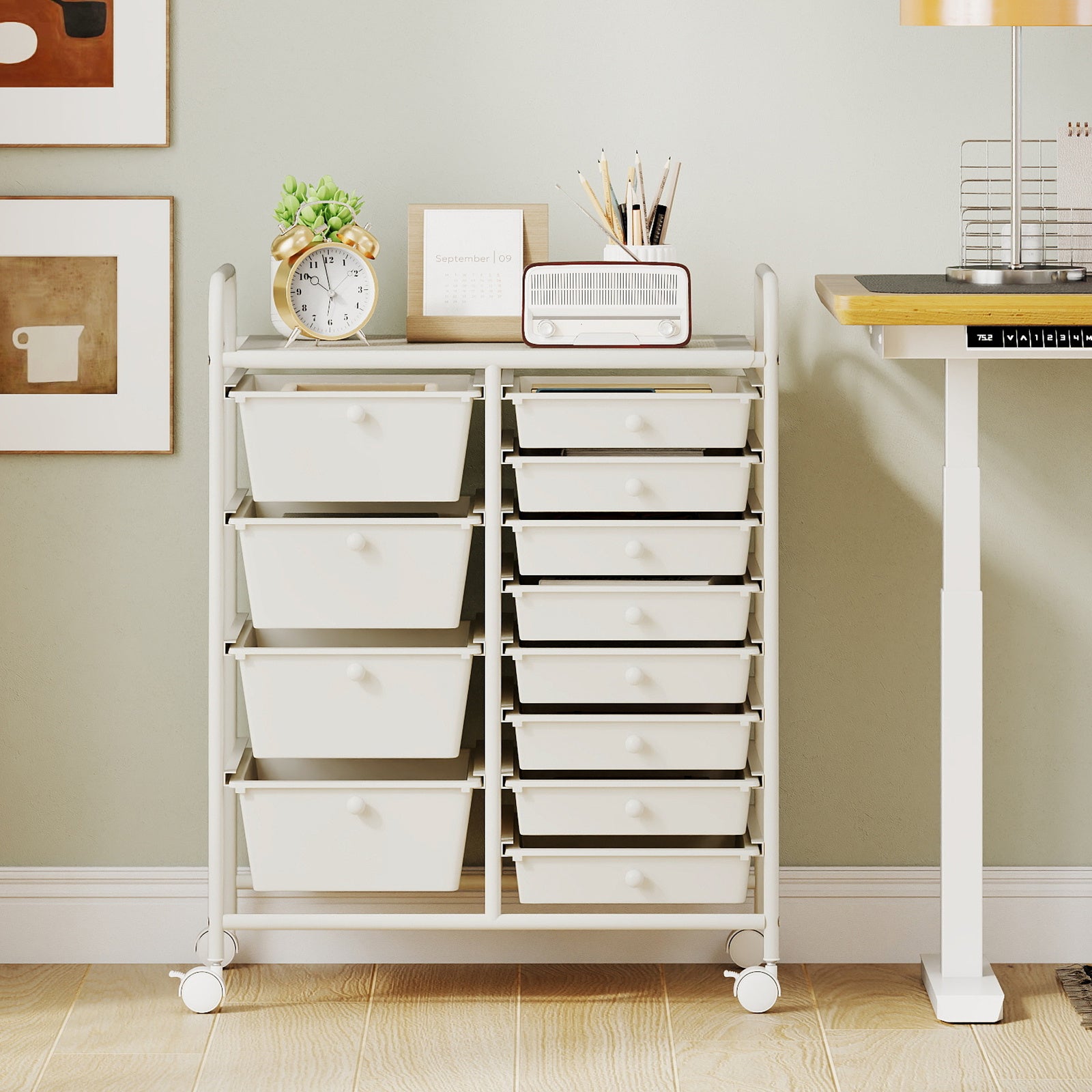 Storage Cart with 2-Size Drawer Rolling Cart Large Countertop Side Handles-White