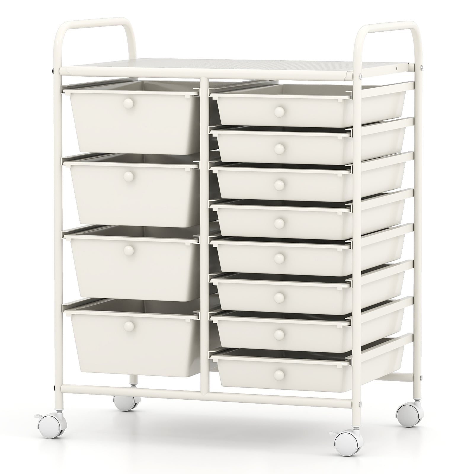 Storage Cart with 2-Size Drawer Rolling Cart Large Countertop Side Handles-White