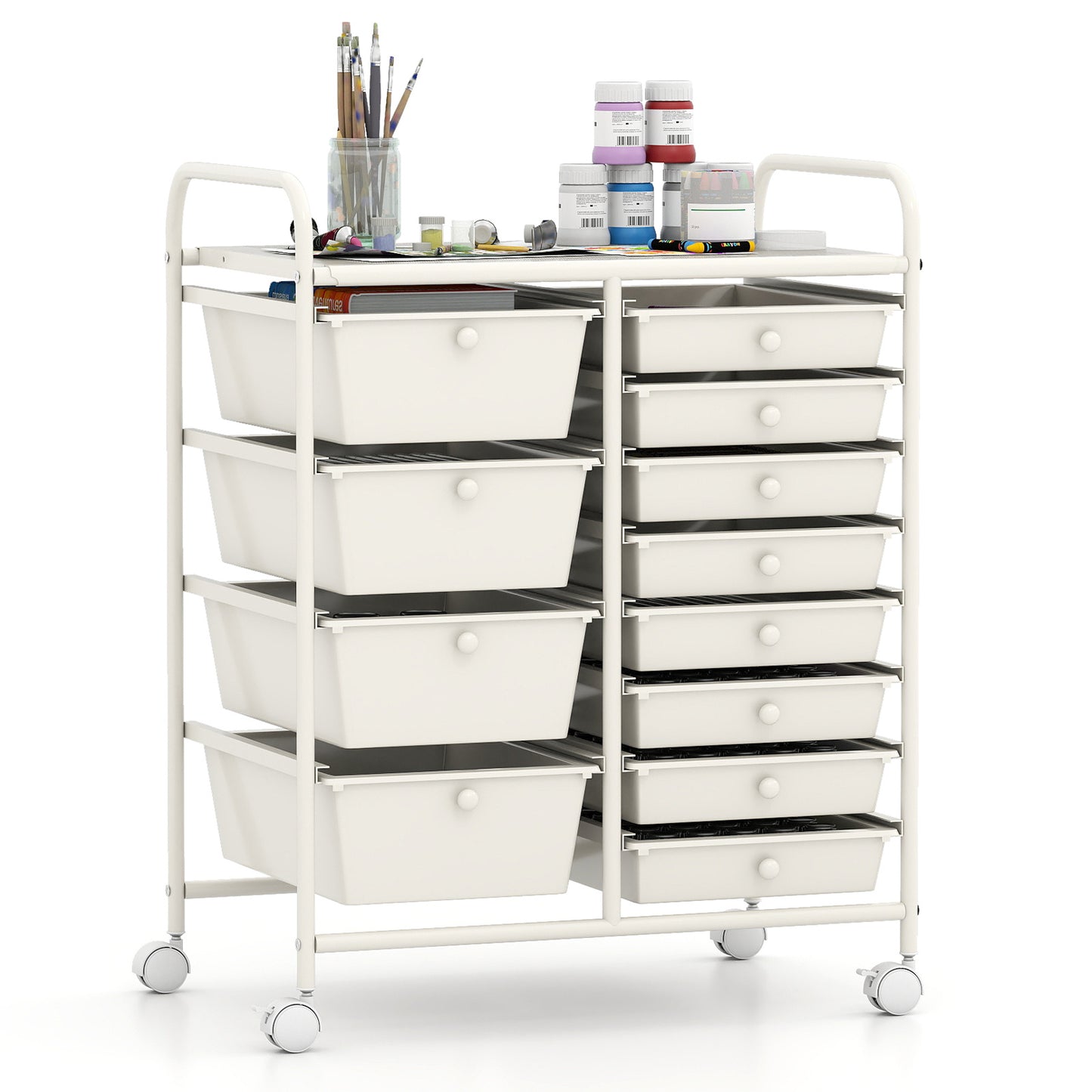 Storage Cart with 2-Size Drawer Rolling Cart Large Countertop Side Handles-White