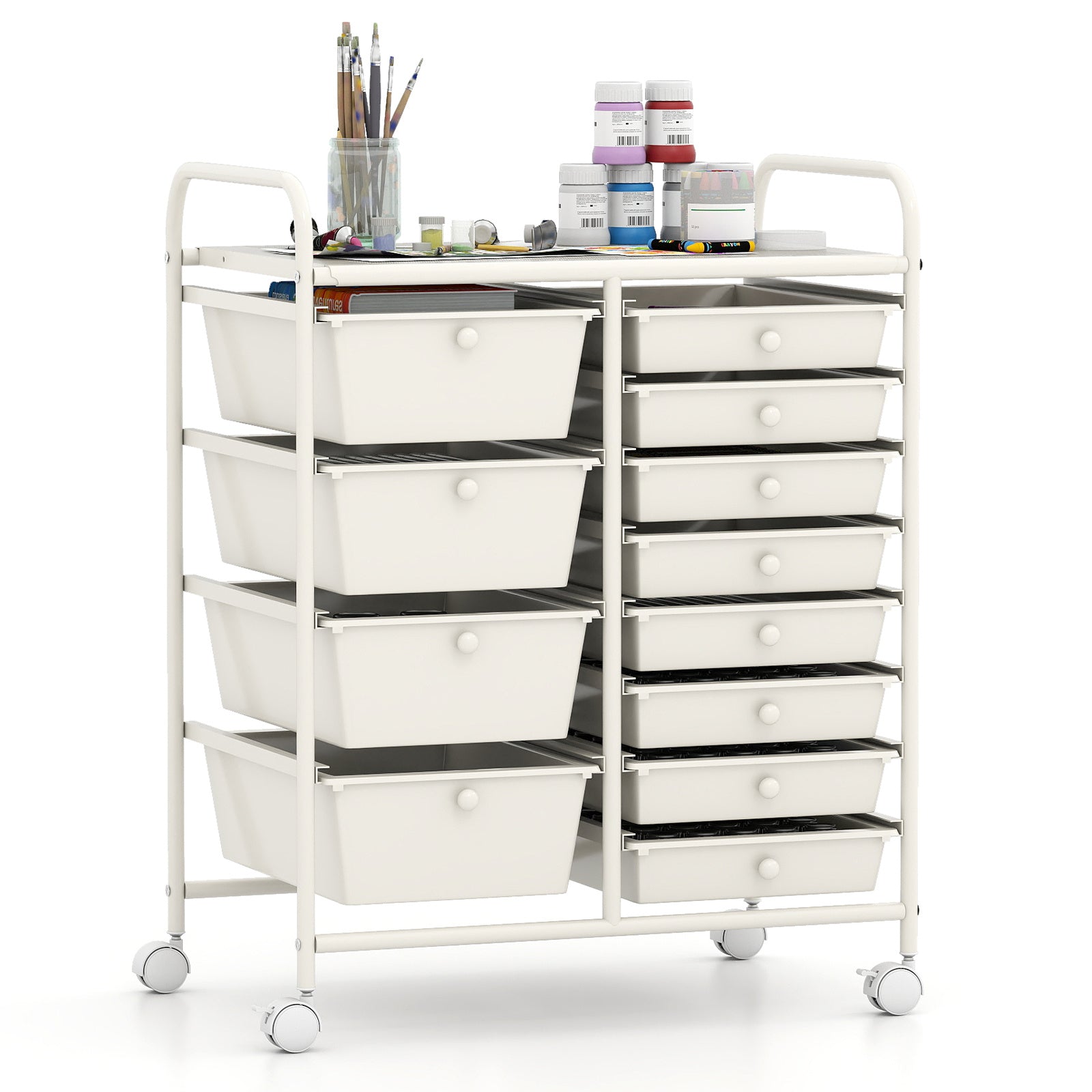 Storage Cart with 2-Size Drawer Rolling Cart Large Countertop Side Handles-White