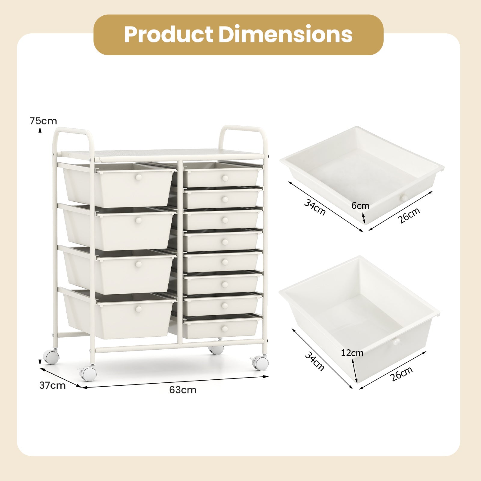 Storage Cart with 2-Size Drawer Rolling Cart Large Countertop Side Handles-White