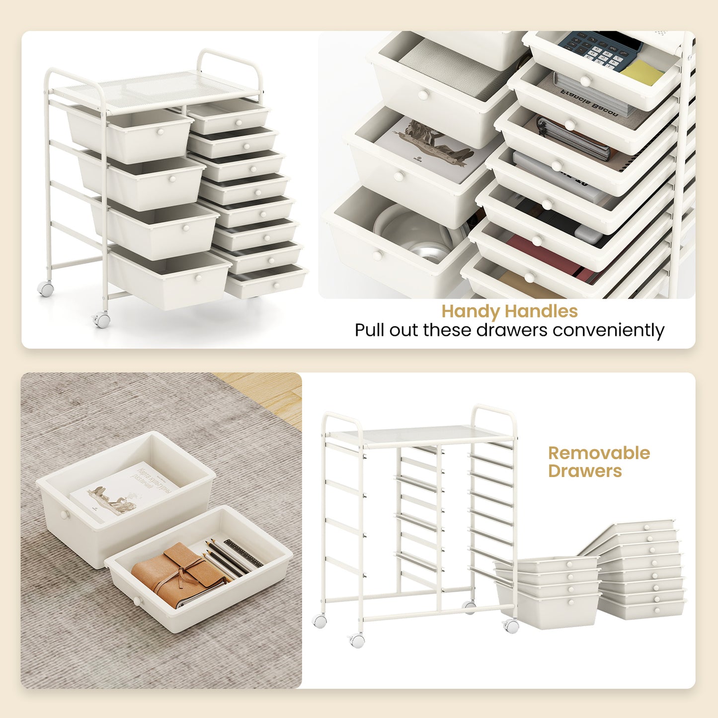 Storage Cart with 2-Size Drawer Rolling Cart Large Countertop Side Handles-White