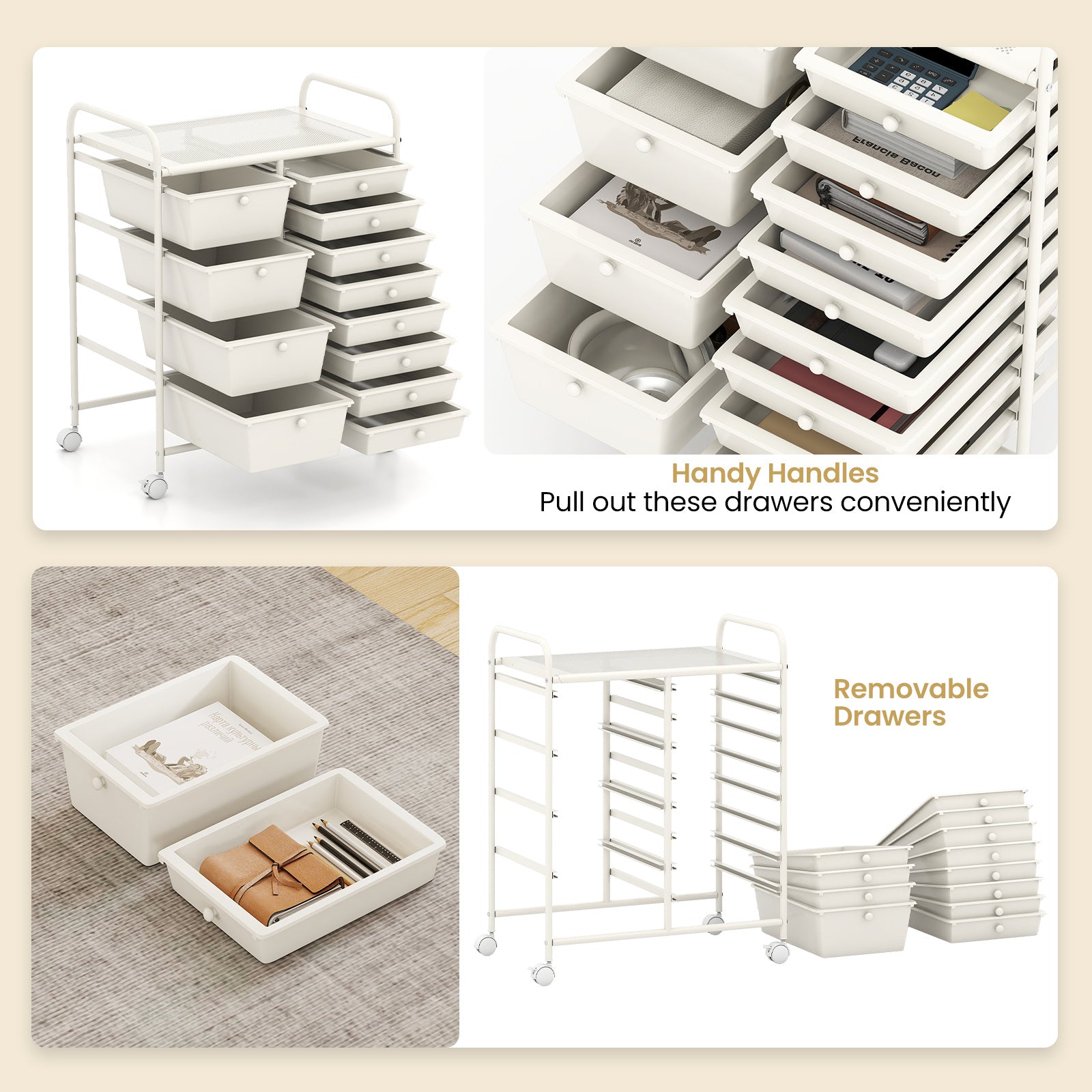Storage Cart with 2-Size Drawer Rolling Cart Large Countertop Side Handles-White