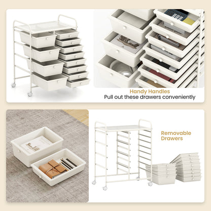 Storage Cart with 2-Size Drawer Rolling Cart Large Countertop Side Handles-White