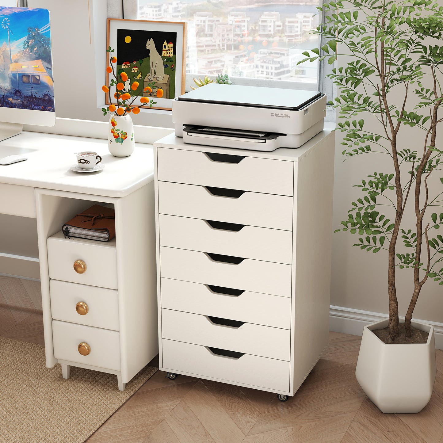 7-Drawer Storage Cabinet with 4 Universal Casters for Office-White