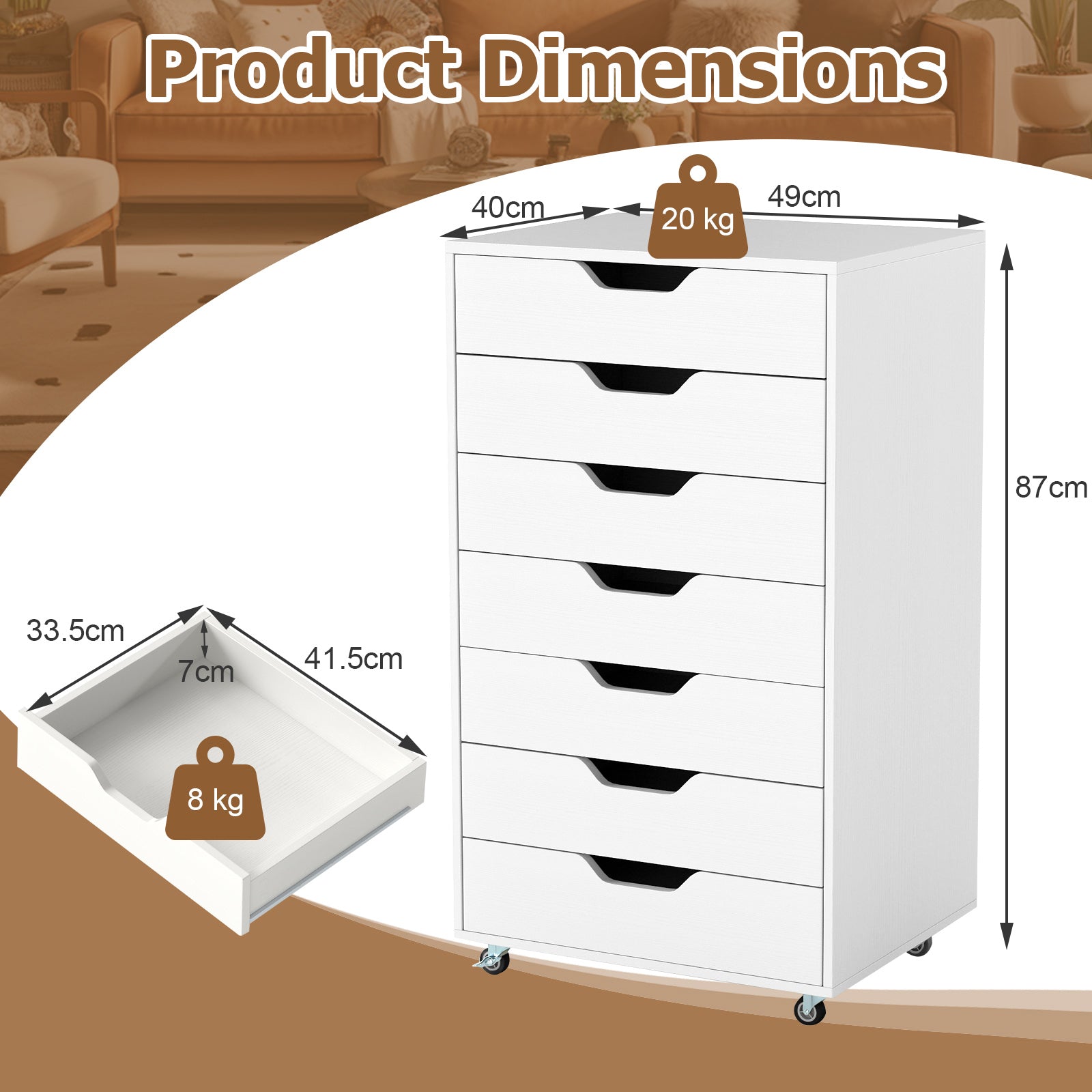 7-Drawer Storage Cabinet with 4 Universal Casters for Office-White