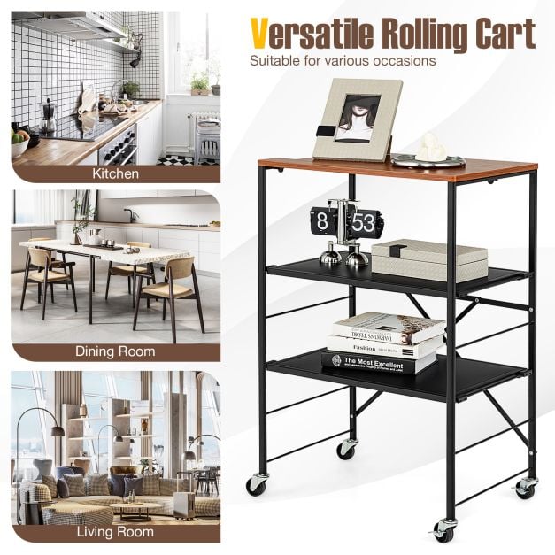 Serving trolley side table with castors &amp; wooden shelf &amp; metal frame 60 x 40 x 89 cm
