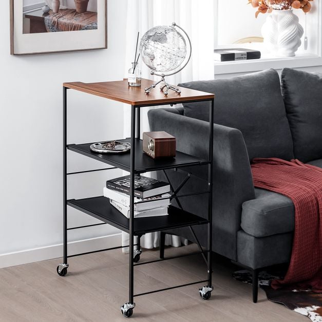 Serving trolley side table with castors &amp; wooden shelf &amp; metal frame 60 x 40 x 89 cm