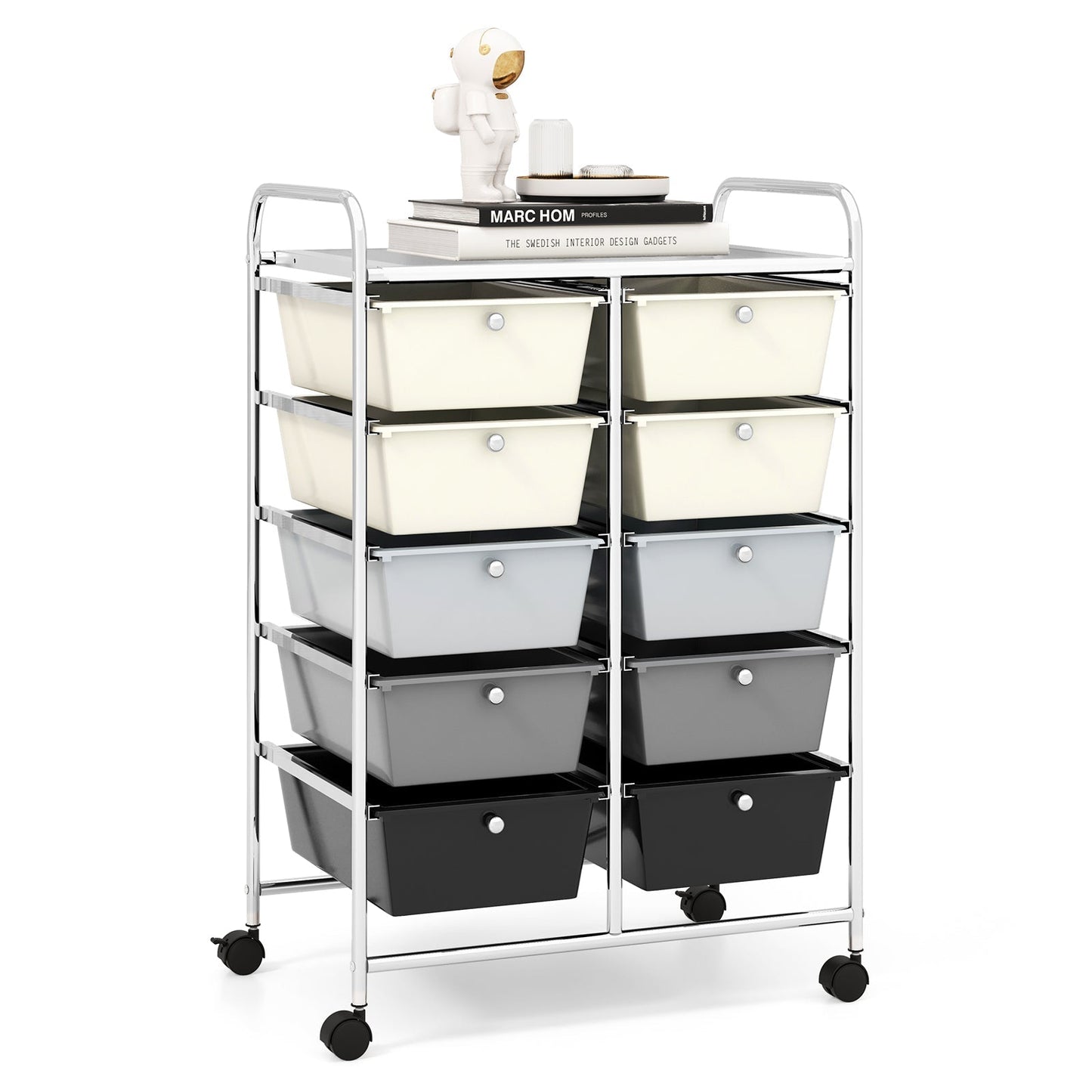 Storage Rolling Cart with 10-Drawer for Tools Scrapbook Paper Organising-Black &amp;amp; White