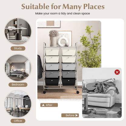 Storage Rolling Cart with 10-Drawer for Tools Scrapbook Paper Organising-Black &amp;amp; White