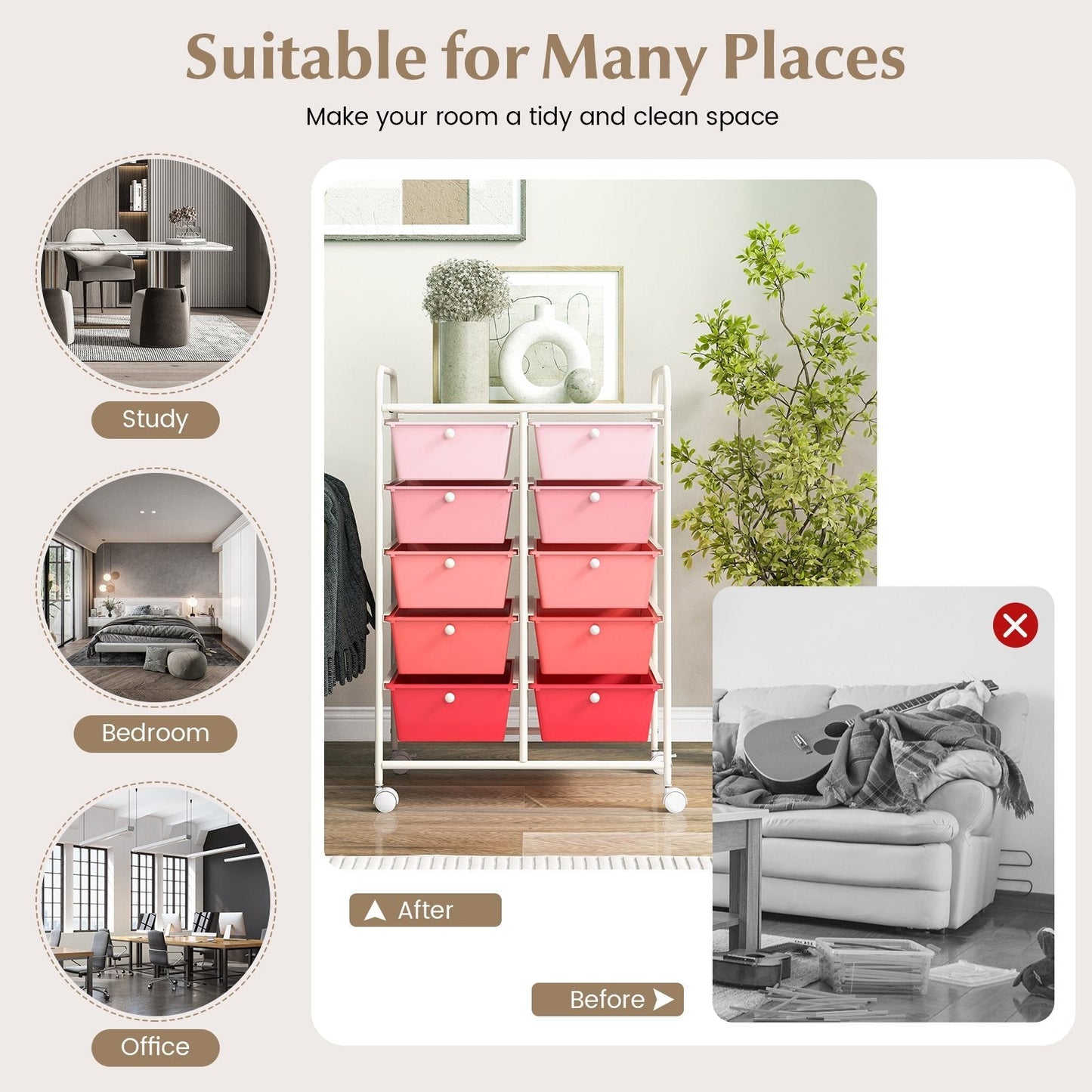 Storage Rolling Cart with 10-Drawer for Tools Scrapbook Paper Organising-Pink