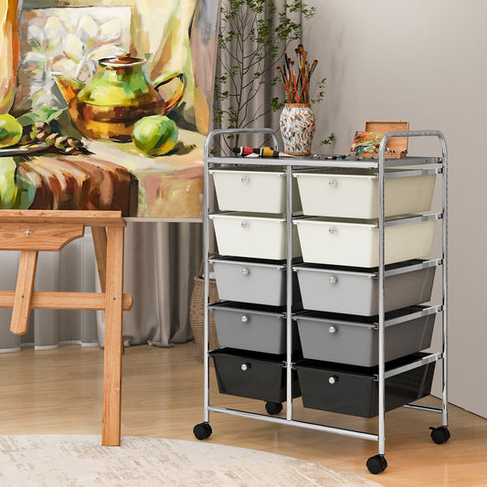 Storage Rolling Cart with 10-Drawer for Tools Scrapbook Paper Organising-Black &amp;amp; White