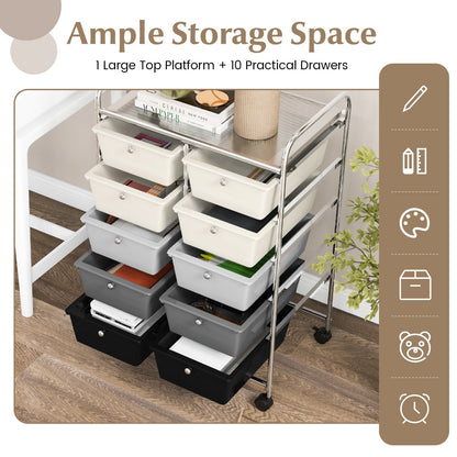 Storage Rolling Cart with 10-Drawer for Tools Scrapbook Paper Organising-Black &amp;amp; White