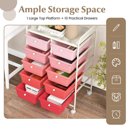 Storage Rolling Cart with 10-Drawer for Tools Scrapbook Paper Organising-Pink