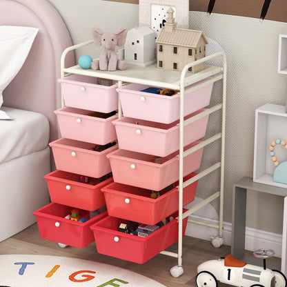 Storage Rolling Cart with 10-Drawer for Tools Scrapbook Paper Organising-Pink