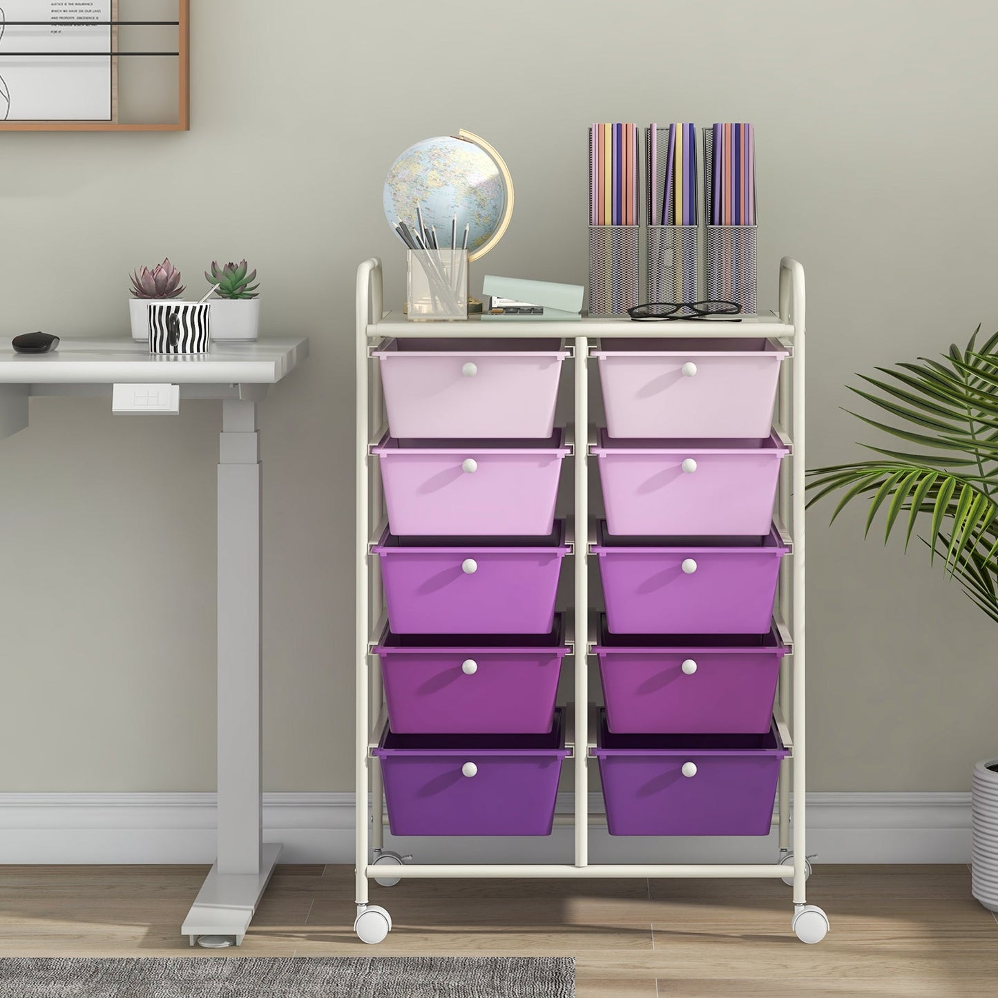 Storage Rolling Cart with 10-Drawer for Tools Scrapbook Paper Organising-Gradient Purple