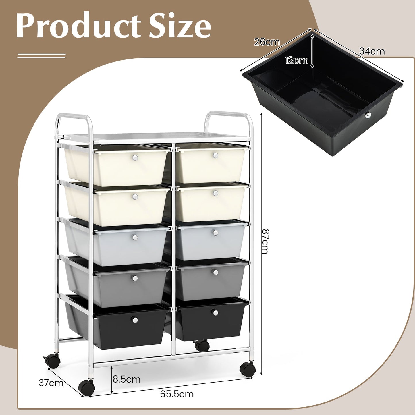 Storage Rolling Cart with 10-Drawer for Tools Scrapbook Paper Organising-Black &amp;amp; White