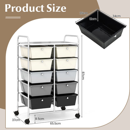Storage Rolling Cart with 10-Drawer for Tools Scrapbook Paper Organising-Black &amp;amp; White