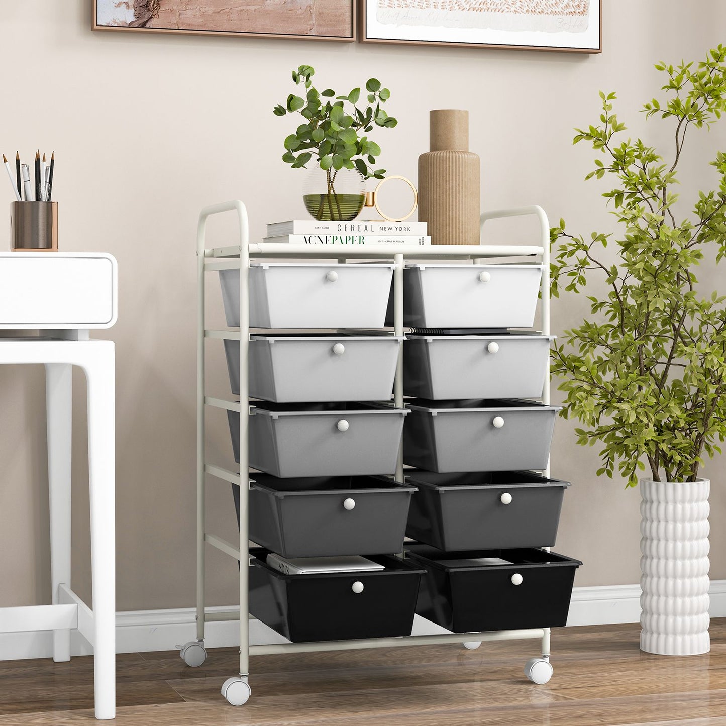 Storage Rolling Cart with 10-Drawer for Tools Scrapbook Paper Organising-Gradient Black