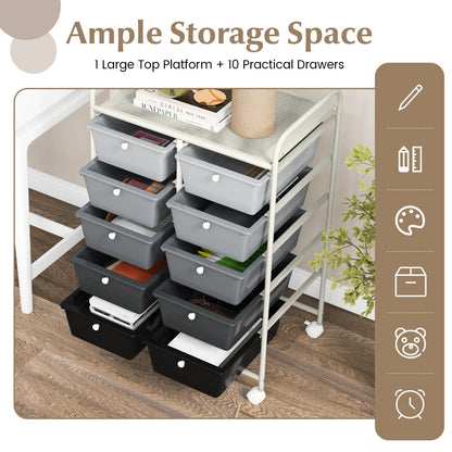Storage Rolling Cart with 10-Drawer for Tools Scrapbook Paper Organising-Gradient Black