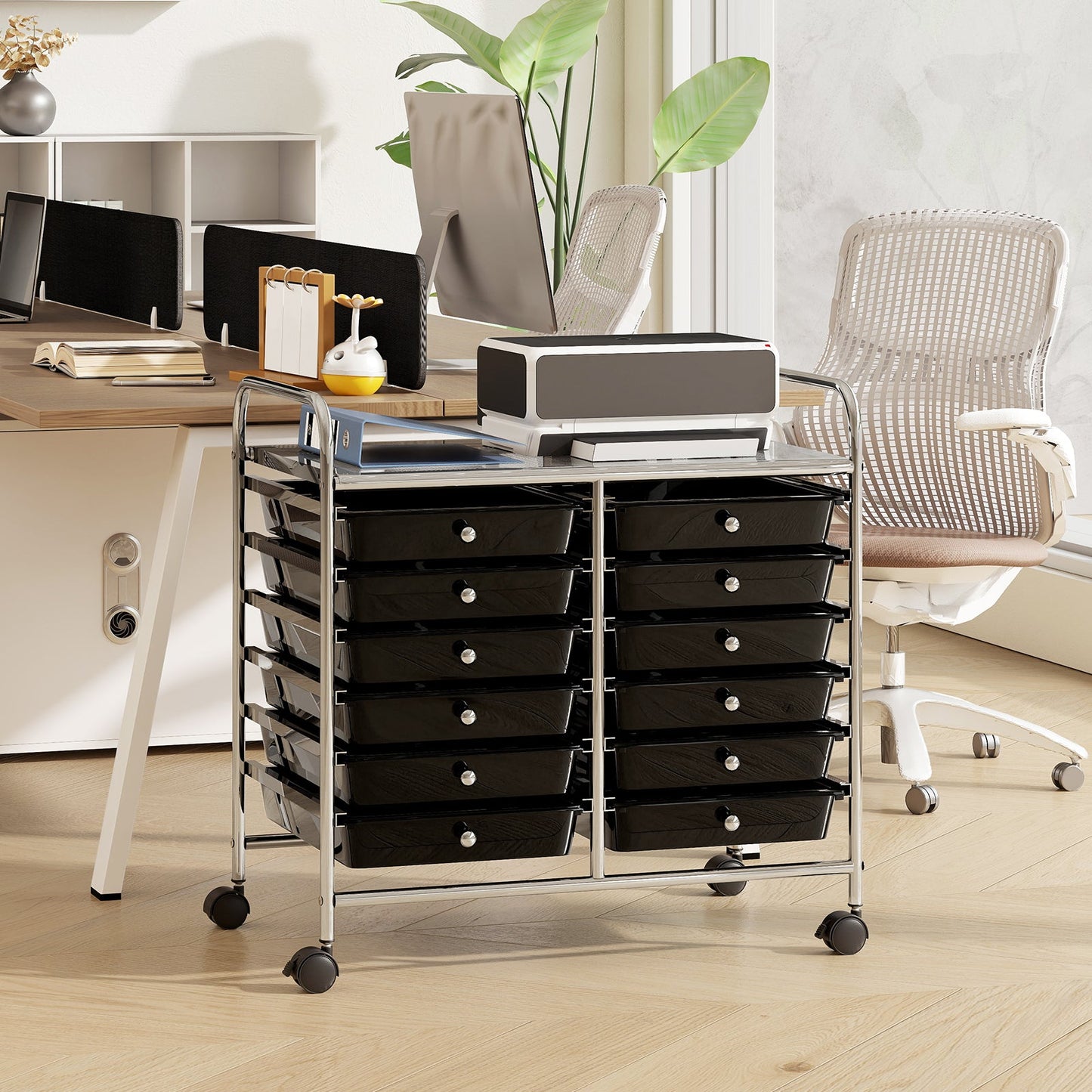 Storage Rolling Cart with Drawer and Large Countertop Side Handles-Black