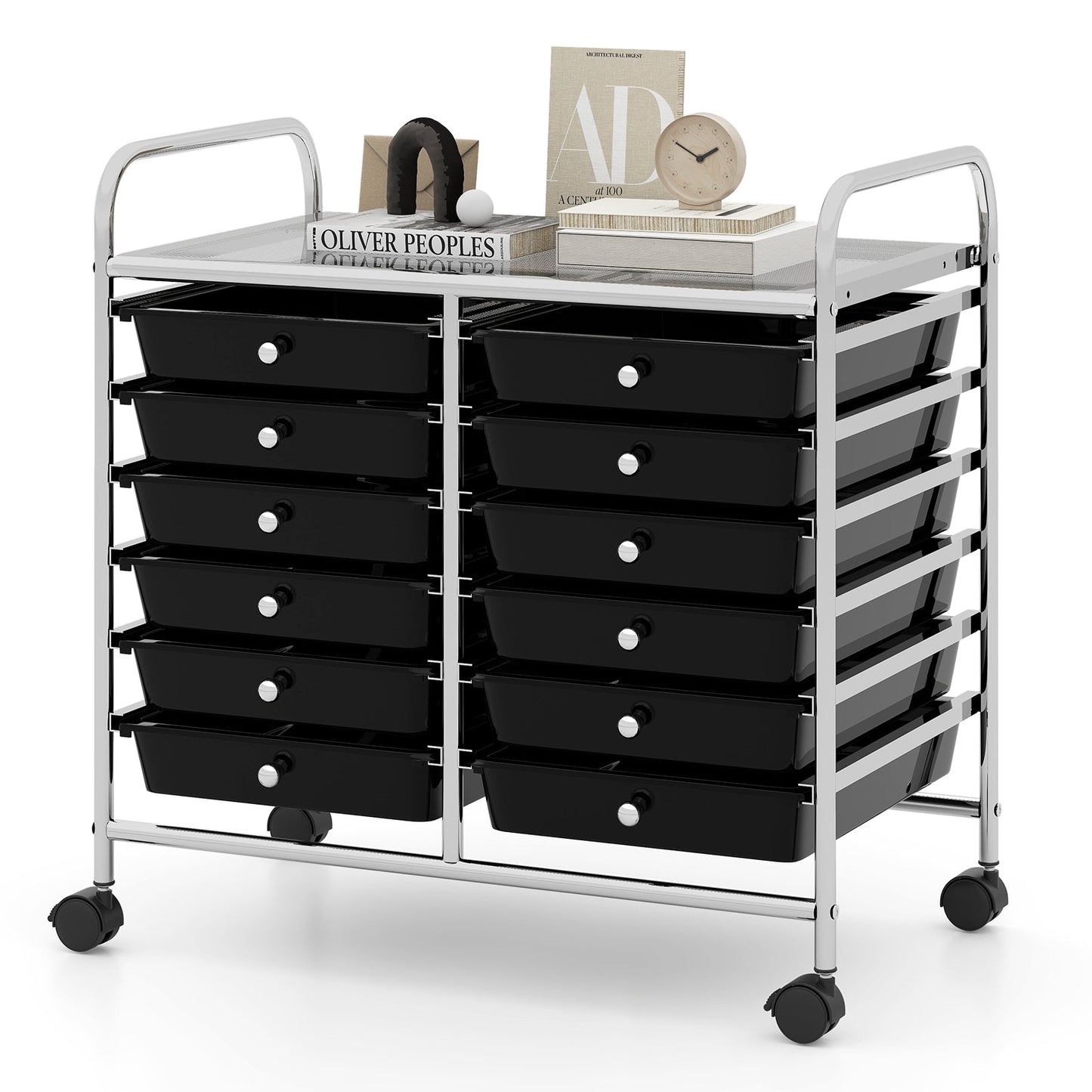 Storage Rolling Cart with Drawer and Large Countertop Side Handles-Black