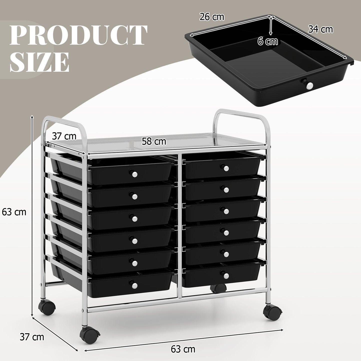 Storage Rolling Cart with Drawer and Large Countertop Side Handles-Black