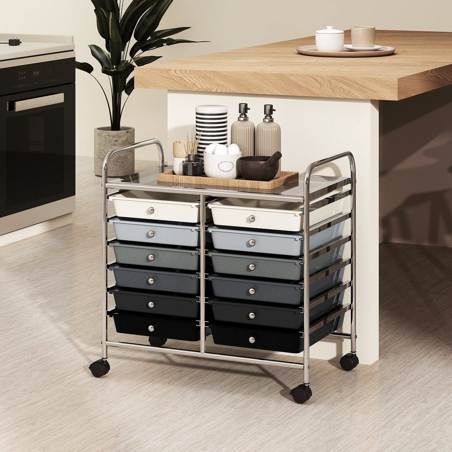 Storage Rolling Cart with Drawer and Large Countertop Side Handles-Gradient Black