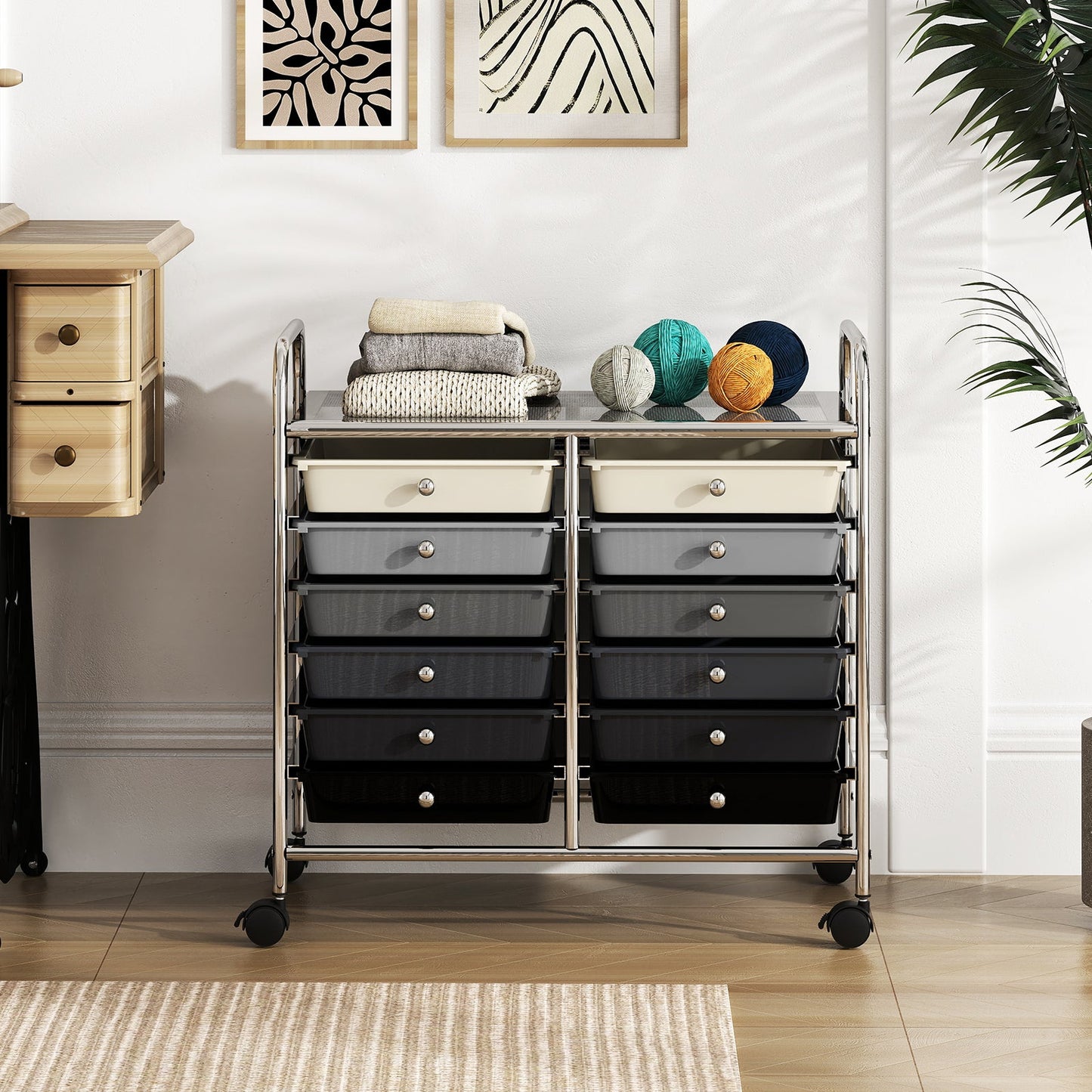 Storage Rolling Cart with Drawer and Large Countertop Side Handles-Gradient Black