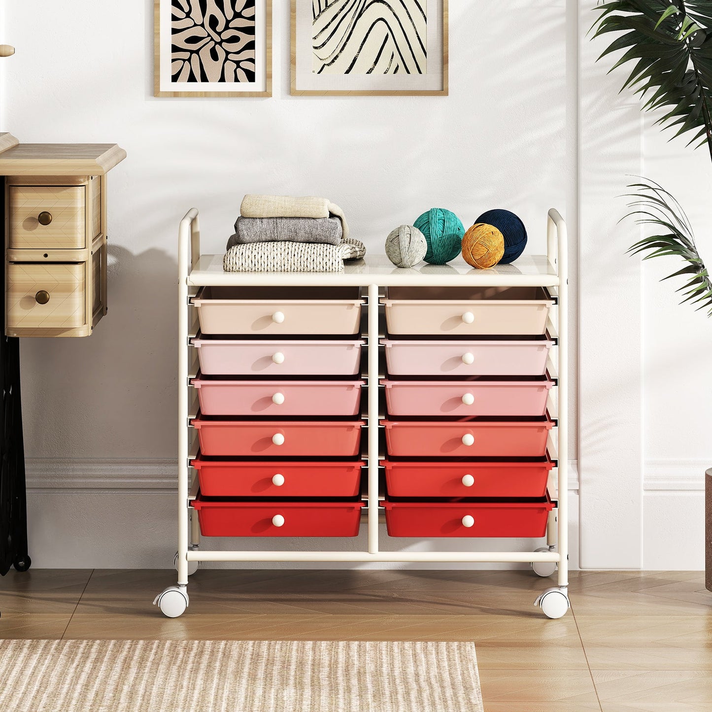 Storage Rolling Cart with Drawer and Large Countertop Side Handles-Gradient Pink