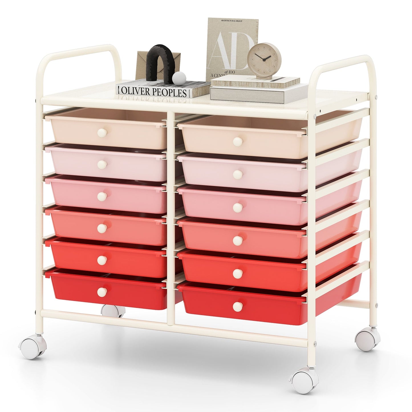 Storage Rolling Cart with Drawer and Large Countertop Side Handles-Gradient Pink
