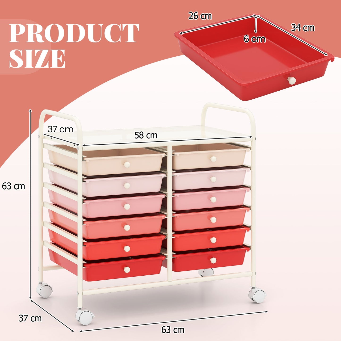 Storage Rolling Cart with Drawer and Large Countertop Side Handles-Gradient Pink