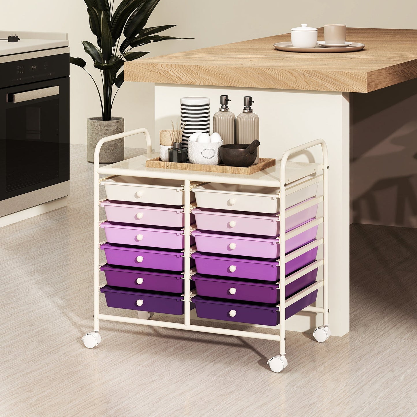 Storage Rolling Cart with Drawer and Large Countertop Side Handles-Purple