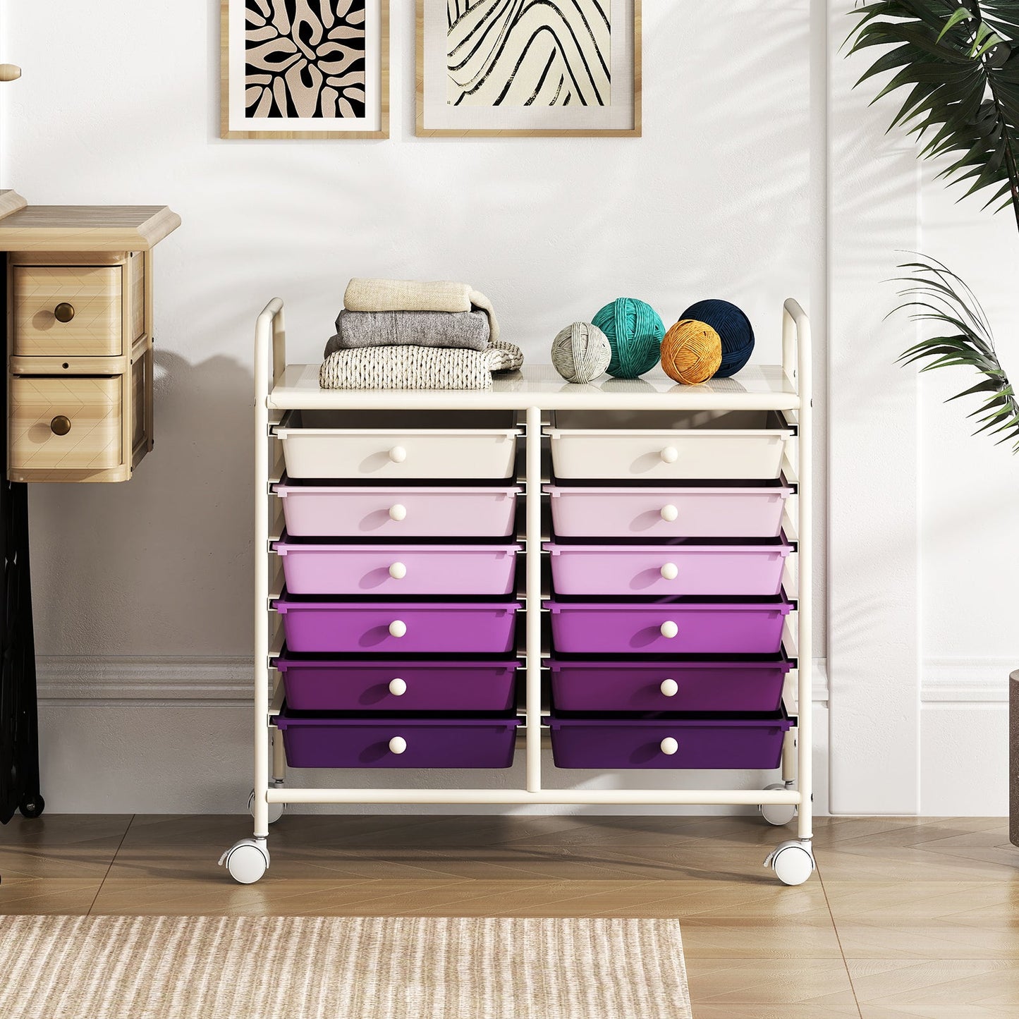 Storage Rolling Cart with Drawer and Large Countertop Side Handles-Purple