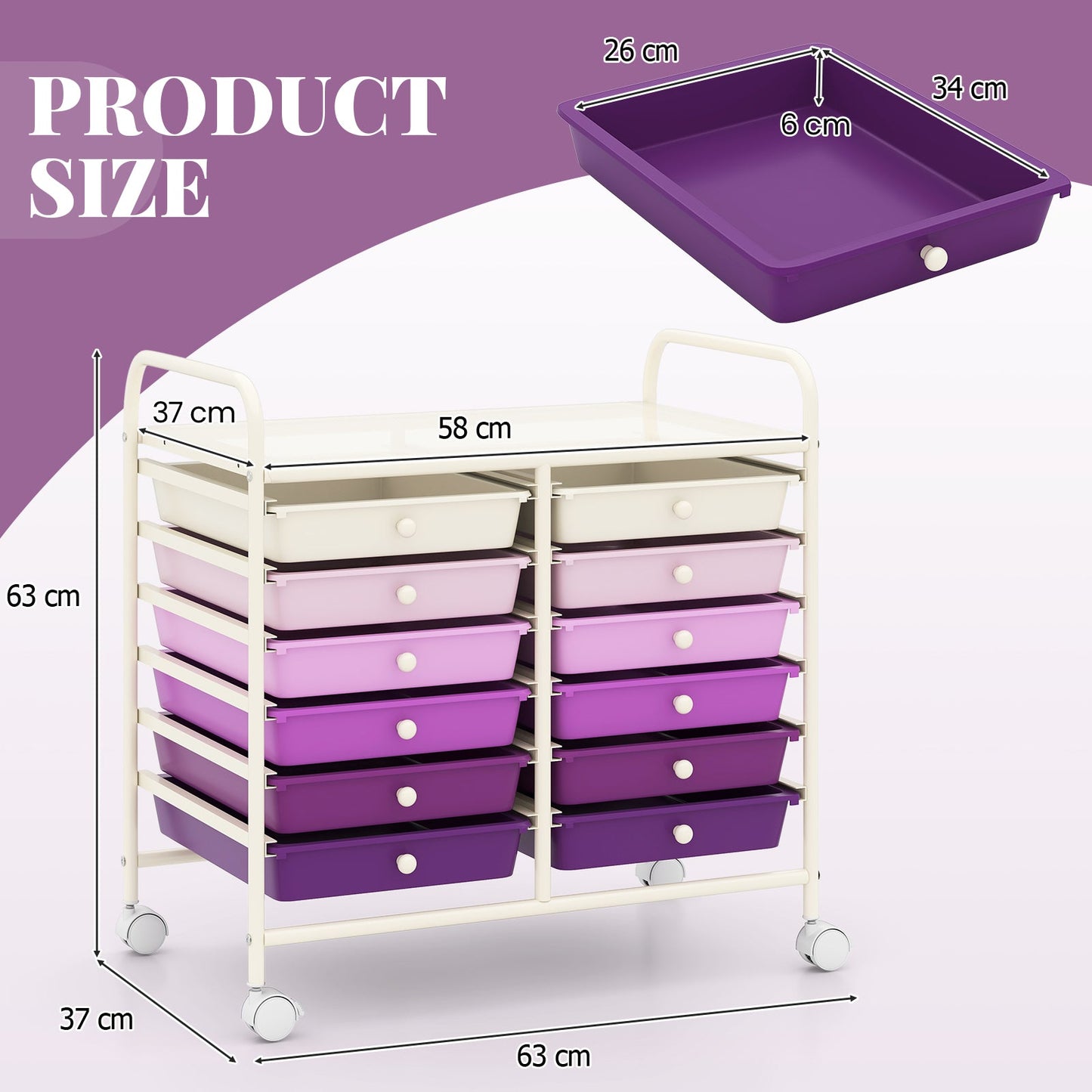 Storage Rolling Cart with Drawer and Large Countertop Side Handles-Purple