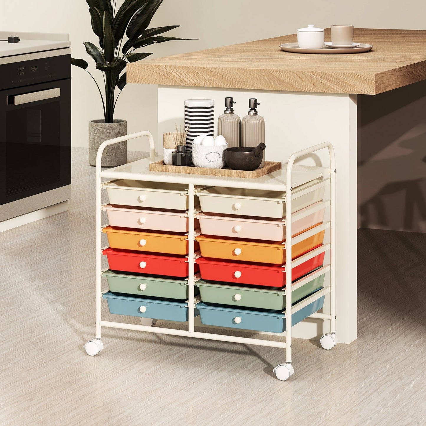 Storage Rolling Cart with Drawer and Large Countertop Side Handles-Macaron