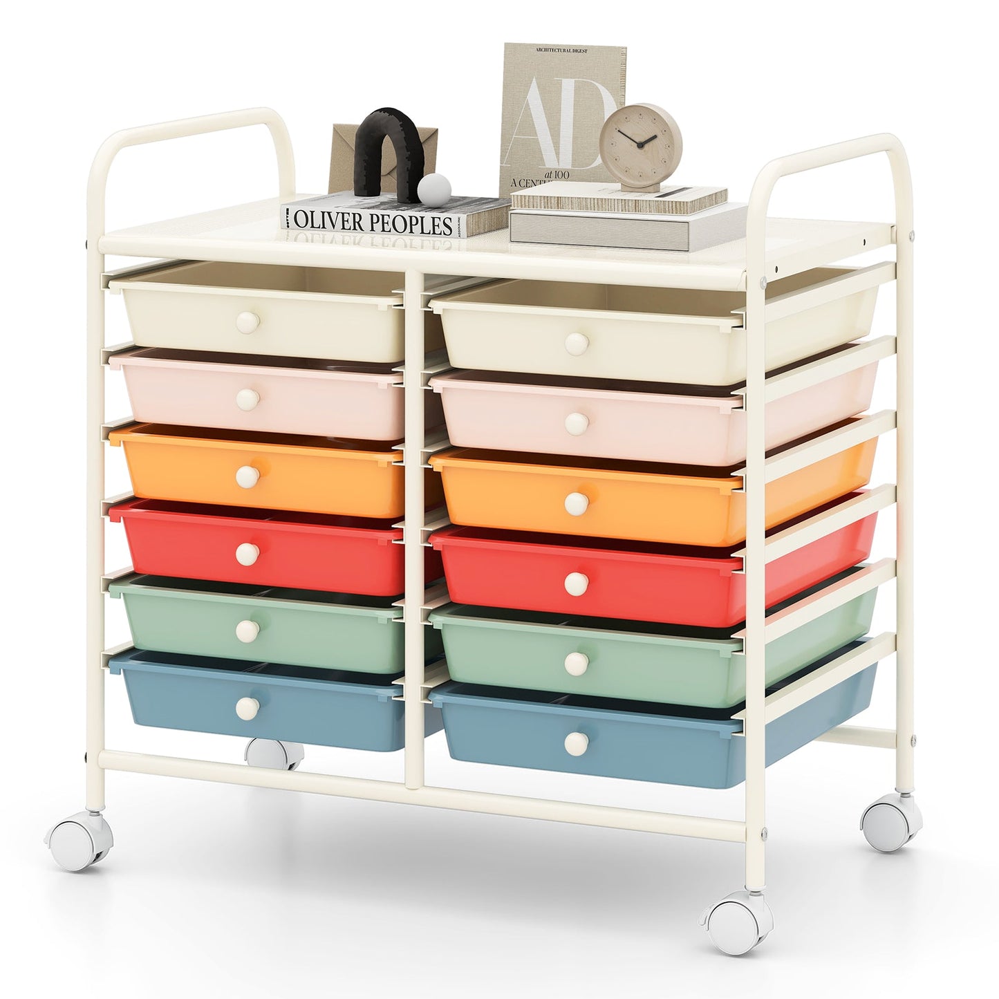 Storage Rolling Cart with Drawer and Large Countertop Side Handles-Macaron