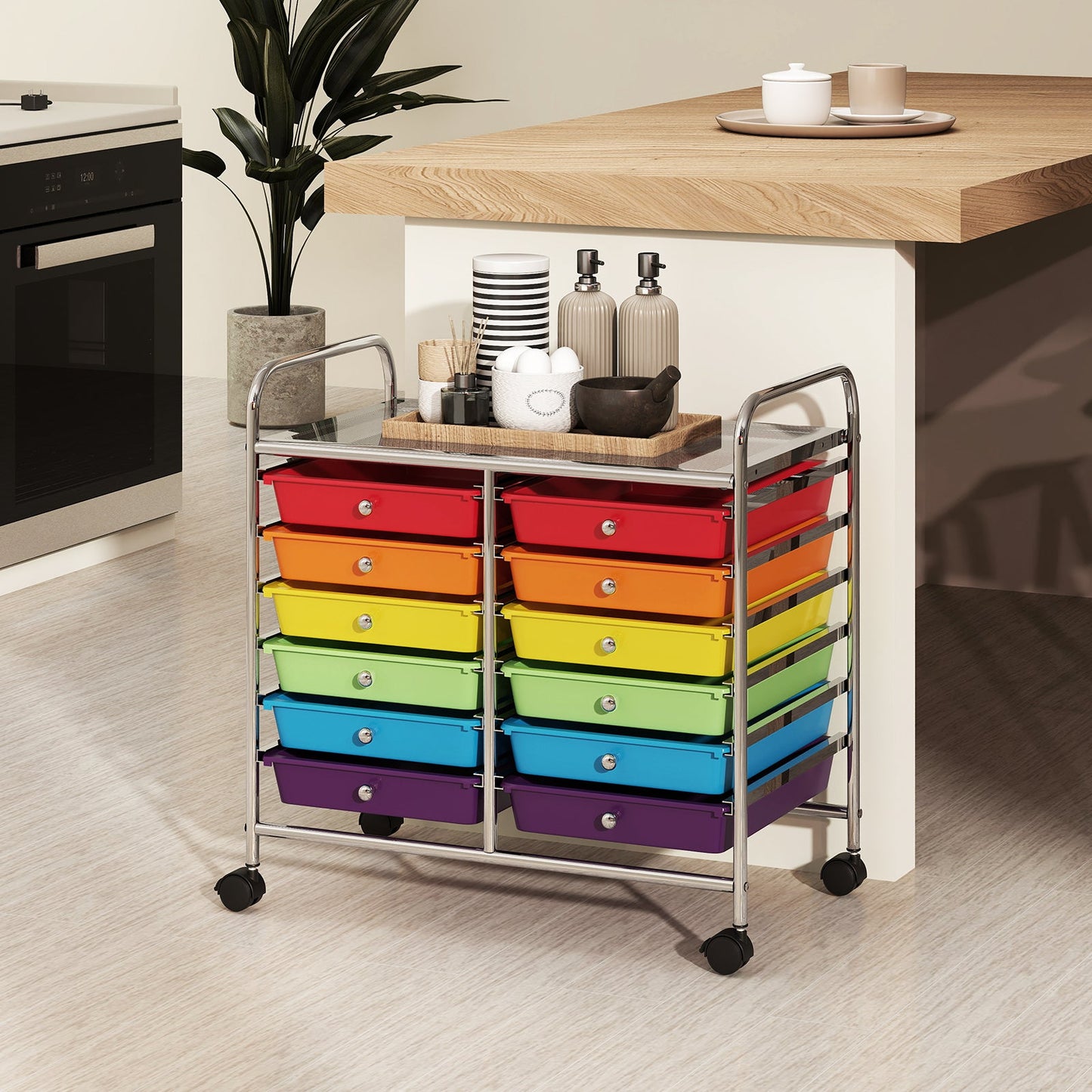 Storage Rolling Cart with Drawer and Large Countertop Side Handles-Multicolor