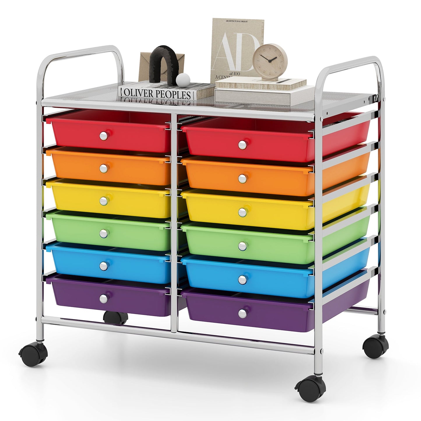 Storage Rolling Cart with Drawer and Large Countertop Side Handles-Multicolor