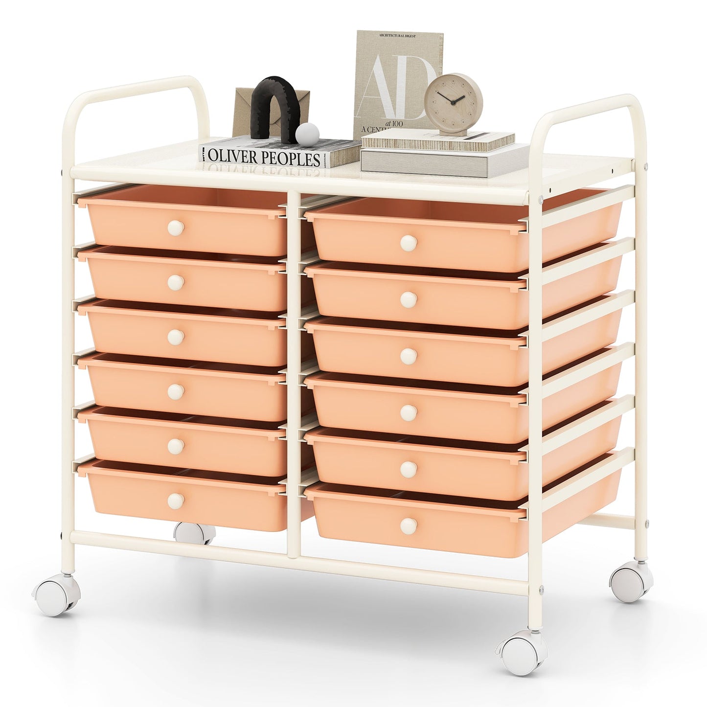 Storage Rolling Cart with Drawer and Large Countertop Side Handles-Pink