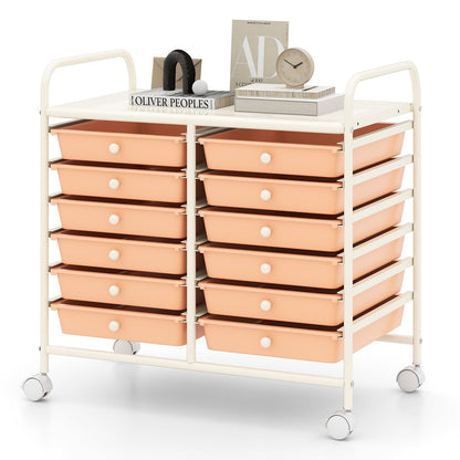 Storage Rolling Cart with Drawer and Large Countertop Side Handles-Pink